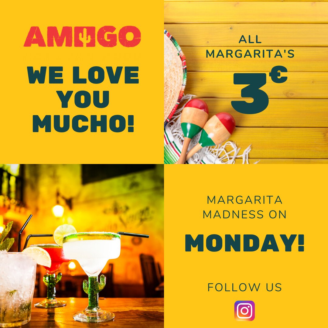 AmigoArnhem's tweet photo. Monday Madness! All margarita's € 3,00!
P.S. Ook op dinsdag en woensdag bij bestelling van een hoofdgerecht!
#mexicanrestaurant #mexicanfood #tacos #mexican #foodie #fajitas #guacamole #margaritas #food #mexico #delicious #spareribs #burritos #cocktails  #actie #menu https://t.co/jLUGsuz2Jk