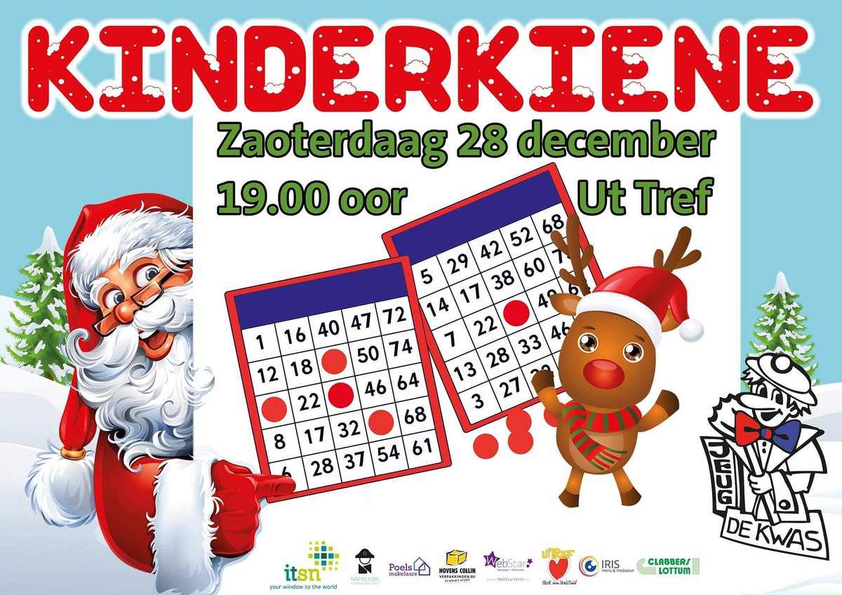 Zaoterdaag 28 december organisere weej weer 'ne gezellige kienaovend speciaal veur kinder. Ouk dees editie met de bekinde staon-en zitronde! 
We zeen ós zaoterdaag um 19.00 oor in Ut Tref.