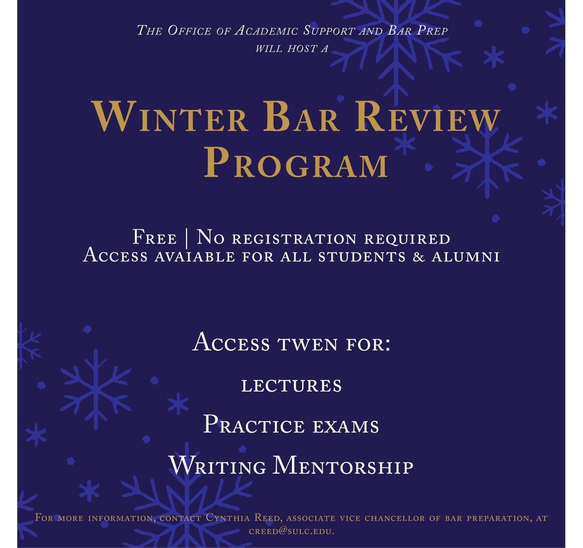 SouthernULaw's tweet photo. The Law Center is providing a free program for Winter Bar Review. Participants will be exposed to lectures, practices exams and meetings with a Writing Fellow for mentoring on written responses. Email creed@sulc.edu for more information. #SULC #WeAre Southern #AnalysisMatters https://t.co/ReegDzYU48