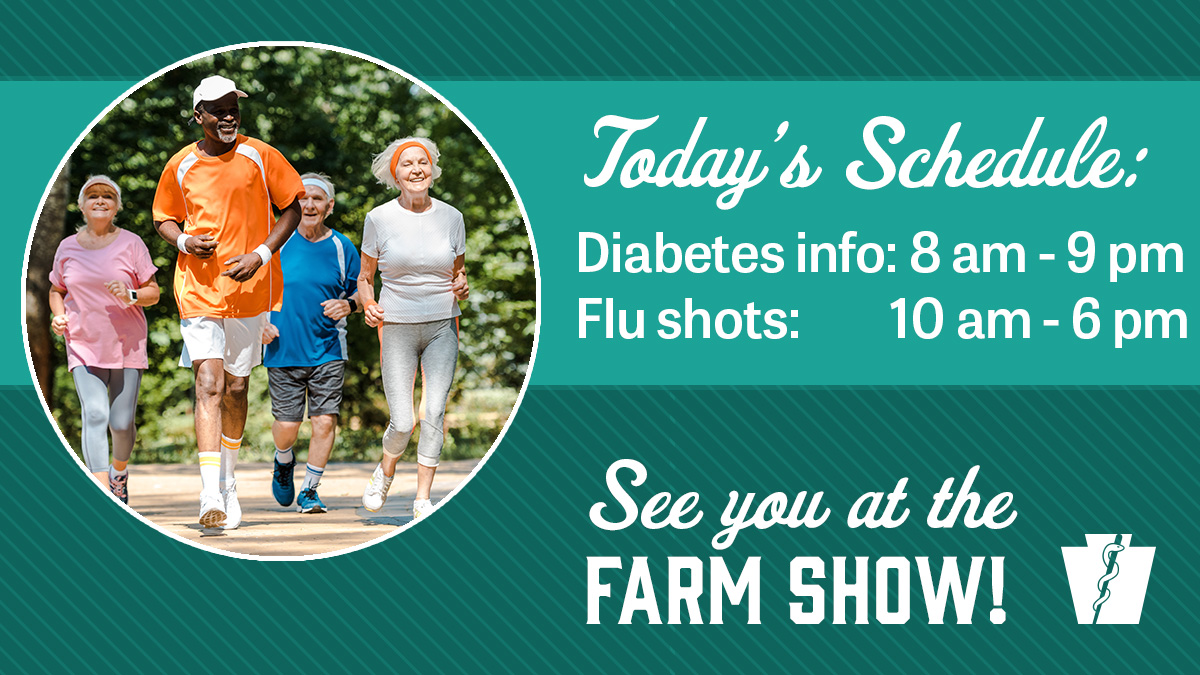 PAHealthDept's tweet photo. Today's DOH events at the #PAFarmShow include:
✅ FREE #flu shots 
✅ diabetes prevention 

Find the DOH Farm Show daily activity schedule here: https://t.co/9zXeuWs8zW #PAFS20 https://t.co/3JoLgqccSA