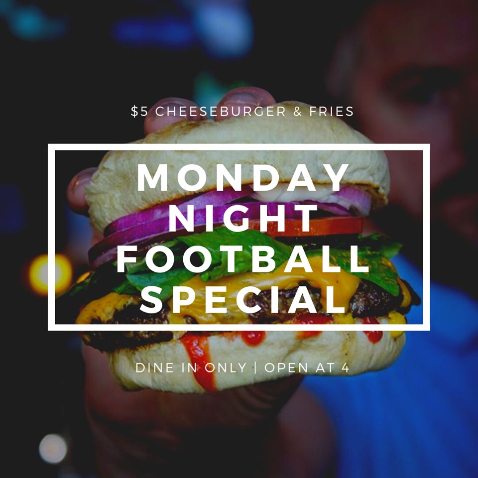 It's Monday and that means it's cheeseburger time! $5 for cheeseburger &amp; fries, and $2.50 Bud Light and Miller Lite! Doors open at 4!