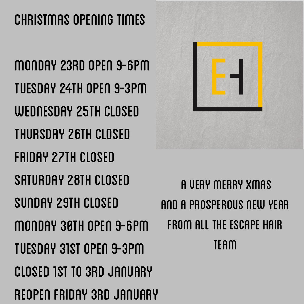 A very merry Christmas to all from the Escape hair team 🎄 opening hours 2019 #christmas #eltham #bromley