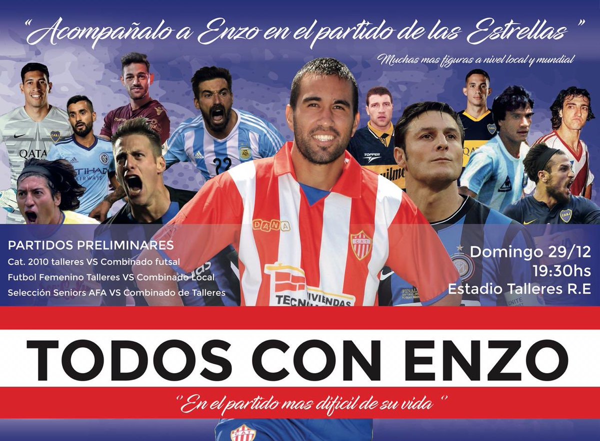El jugador Enzo Baglivo sufrió un accidente automovilístico y lucha por volver a caminar. Este domingo, en Talleres (RE), habrá un Partido de las Estrellas en apoyo a él y su familia. ¡Se agradece la difusión!