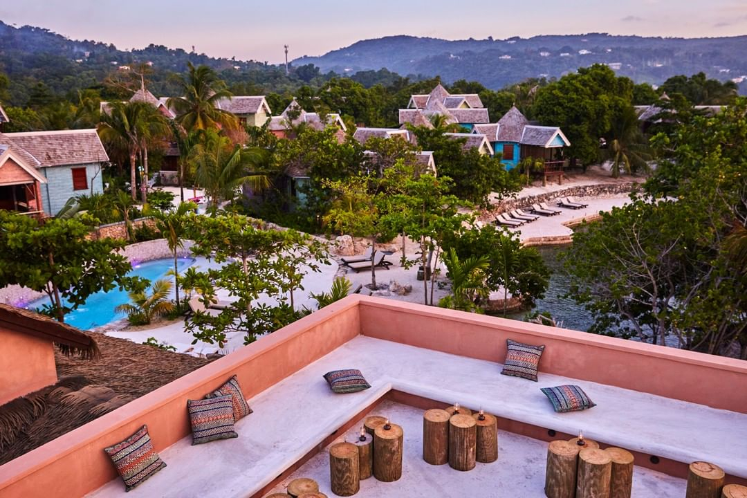View from Shabeen Rooftop overlooking the beautiful "village" of Beach Huts at <a href="/GoldenEyeResort/">GoldenEyeResort</a> 🇯🇲
⁠
bit.ly/34qtX29