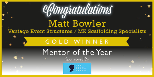 eventsandprmk's tweet image. A BIG Congrats once again to the Gold Award Winner, Matt Bowler - @VantageEventsUK @MKScaffolding for the @DianaAward Mentor of the Year category. #SMENationals 2019!
