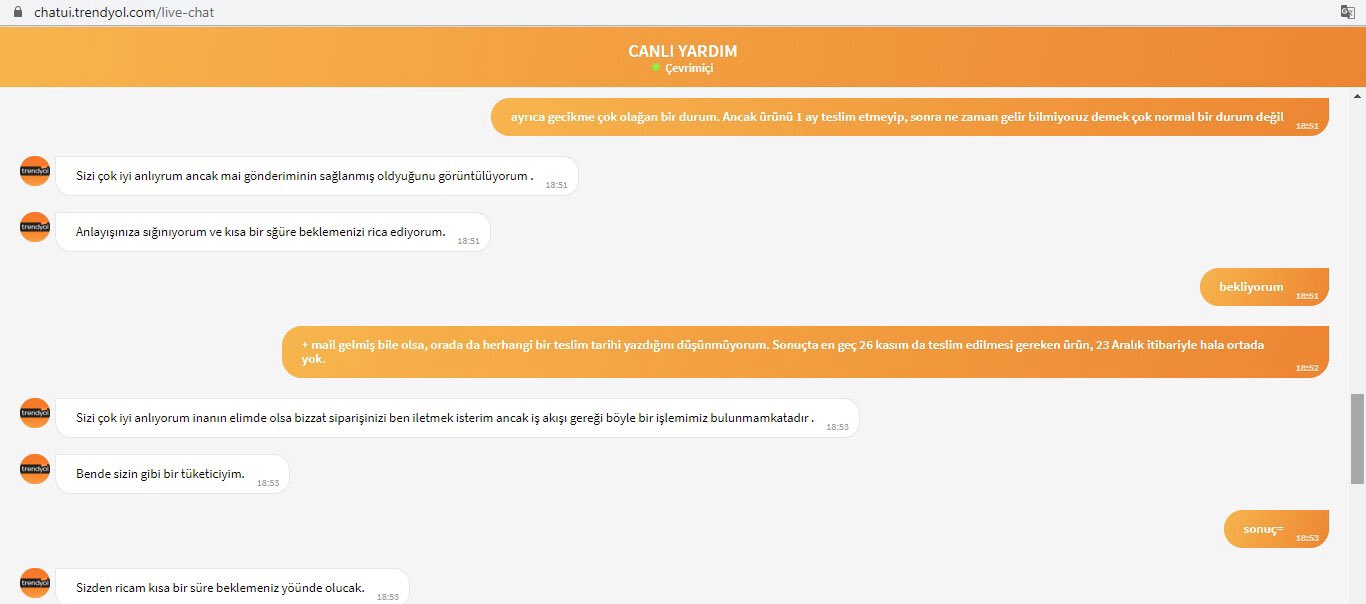 Firat Gunayer On Twitter Sevgili Trendyol 26 Kasim Da Elimize Ulasmasi Gereken Siparis 23 Aralik Itibariyle Ortada Yok Musteri Hizmetleriniz Elimizden Gelen Bi Sey Yok Diyor Peki Sizden Siparis Verdigim Urunu Kime