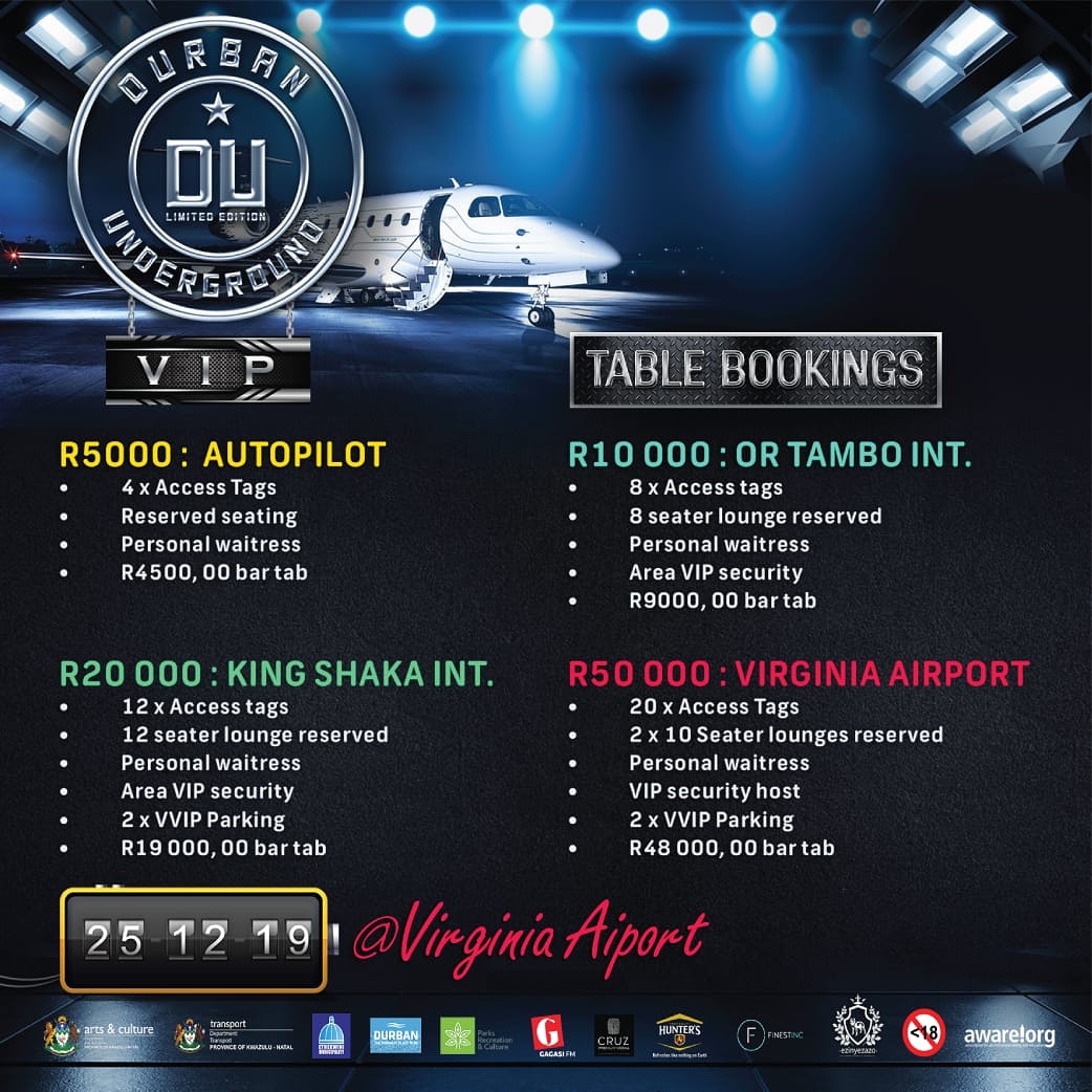 leigh_mel2's tweet photo. 2 Days to go for our annual @durbanunderground 25 December at VIRGINIA AIRPORT (Durban North). Secure your spot now &amp; become a VIP. Tickets available @TicketPro (Spar, Edgars, Jet) for R200 only.

#DurbanUndergroundVIP table bookings
Call/Whatsapp Asive on: 081 577 0898 https://t.co/H58jCvAP5B