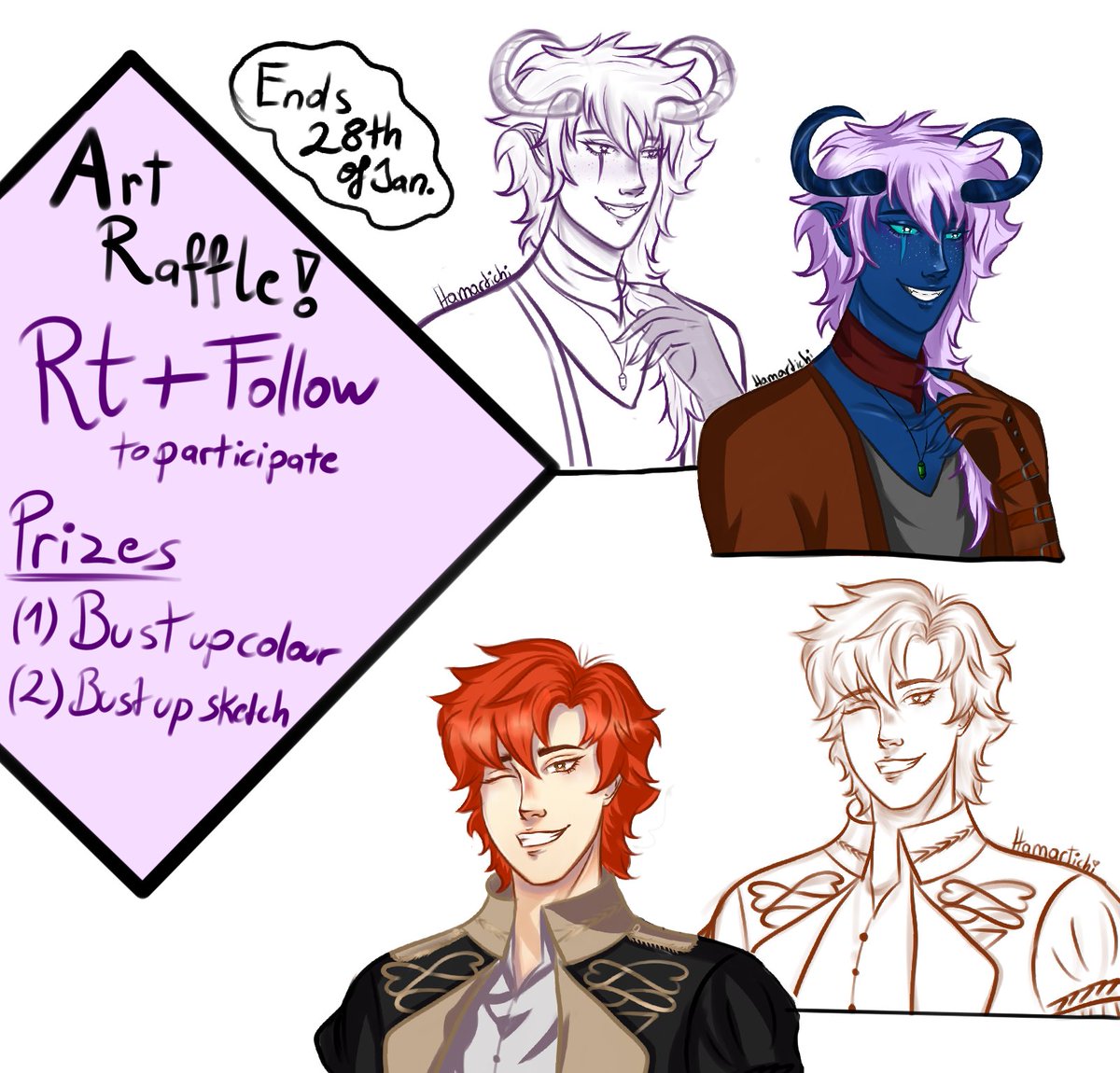 It is finally time for my first OC ART RAFFLE! 💕

[ How to enter: ] RT &amp; Follow ☆
> Extra entry: Comment about your OC below and tag a friend.

- 2 winners
ENDS: 28th of January.

GOOD LUCK!! 💙

#artraffle - more info below!