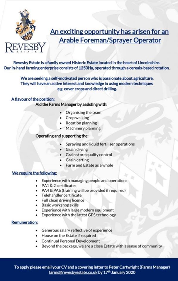 Revesby_Estate's tweet image. We are hiring!⭐

An exciting opportunity has arisen to join the team here at Revesby Estate as Arable Foreman/Sprayer Operator. 

To apply, please email a copy of your CV to Peter Cartwright at farms@revesbyestate.co.uk by 17th January 2020.

***PLEASE SHARE*** #RevesbyEstate