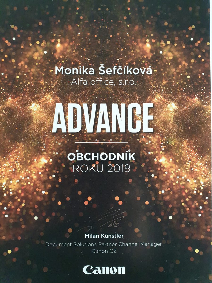 Alfaoffice_sro's tweet photo. Obchodnik roka 2019🎖🎖❤ #alfaoffice #Canon #advance  #Bestseller https://t.co/ySqtaSX8BB