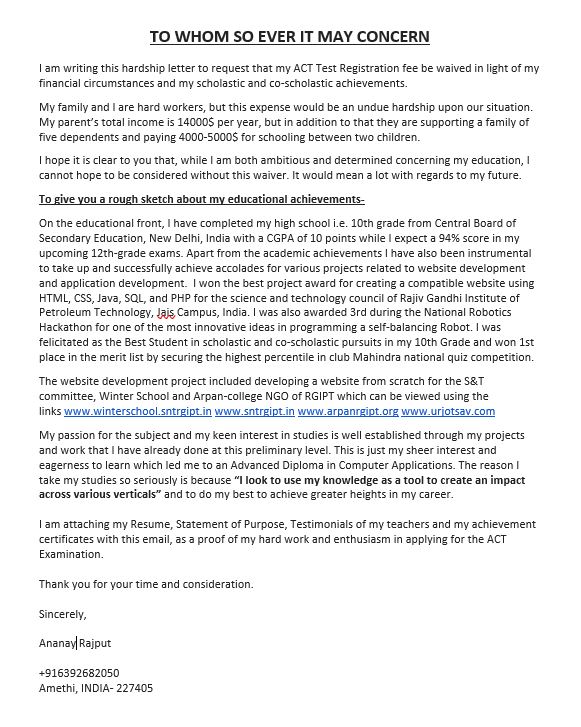 BluedartC's tweet photo. @MartenRoorda I am writing this hardship letter to request that my ACT Test Registration fee be waived in light of my financial circumstances and my scholastic and co-scholastic achievements.
Kindly check the attached letter with this tweet! https://t.co/G0x7iX6JhE