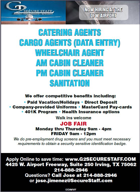 EmploymentGuide's tweet image. Now Hiring at the DFW Airport!

Catering Agents, Cargo Agents, Wheelchair Agent, AM and PM Cabin Cleaner, Sanitation

Walk ins welcome!

4425 W. Airport Freeway, Suite 250 Irving, TX 75062

Apply Online to save time: G2SECURESTAFF.COM

#Jobs #Hiring #DFWAirport
