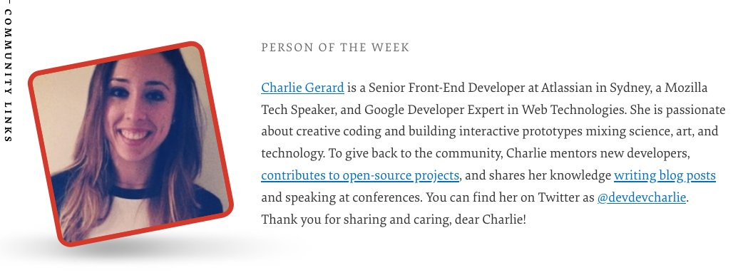 A photo of Charlie Gerard and a description about her in Smashing Magazine's “Person of the Week” section on the front page