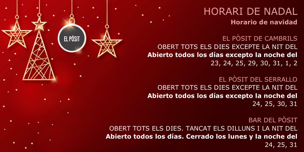 elposit_rest's tweet photo. EL PÒSIT DE CAMBRILS
Tancat les nits del:
Cerrado las noches del:
Closed nights of:
Fermé les nuits de:
23, 24, 25, 29, 30, 31, 1, 2

EL PÒSIT DEL SERRALLO
Tancat les nits del:
Cerrado las noches del:
Closed nights of:
Fermé les nuits de:
24, 25, 30, 31 https://t.co/zbgNIW6uJr