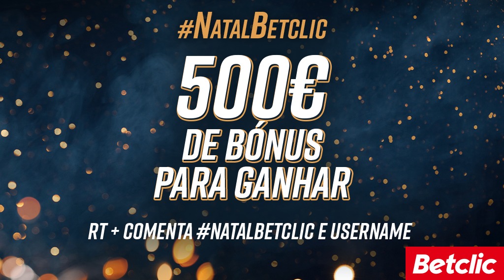 🎁 Como a Betclic sabe que te portaste bem, mereces uma boa prenda! Vamos sortear 500€ de Bónus para alguém. 

➡️ RT + Comenta #NatalBetclic e Username

1 comentário por utilizador. 
Passatempo termina dia 25, às 23:59.