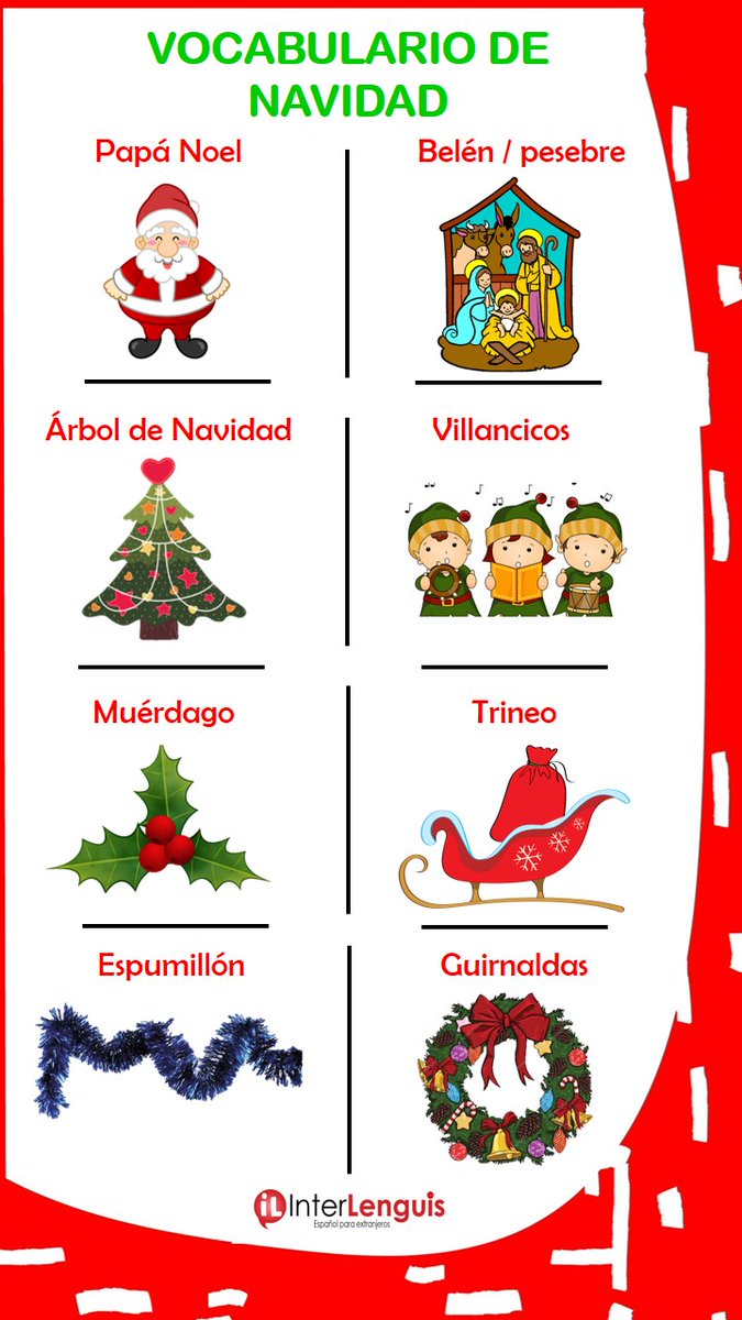 interlenguis's tweet photo. 🇪🇸 ¡#FELIZNAVIDAD❗🎄🎅🎁
¡Mirad todo el #vocabulario navideño en #español que os traigo!
¿Conocéis algunas de las #expresionesnavideñas?
 #spain🇪🇸 #feliznavidad🎄#vocabulary #learnspanish #iL #salamanca #spanishinspain #spanishinsalamanca #español #españa🇪🇸 https://t.co/HbicD7z2eb