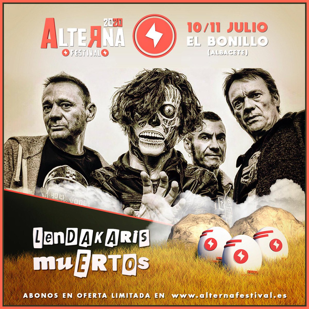lendakaris's tweet photo. Los Sanfermines del 2020 los vamos a festejar en el @AlternaFestival  !! El 10 y 11 de julio en El Bonillo, Albacete💀🐼🤟⚡️
#alternafestival
#lendakarismuertos https://t.co/8F2MdJ92M3