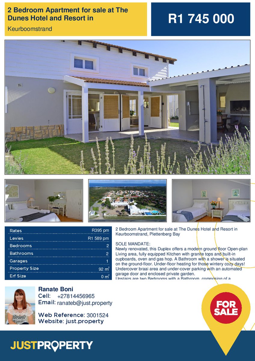 JustpropPlett's tweet photo. 2 Bedroom apartment for SALE
#JustPropertyPlettenbergBay #Investment #Keurboomstrand 
 Contact Ranate for more INFO
OR
See what more we can offer
https://t.co/jJNWPspUW5 https://t.co/RL7PlHVmwM