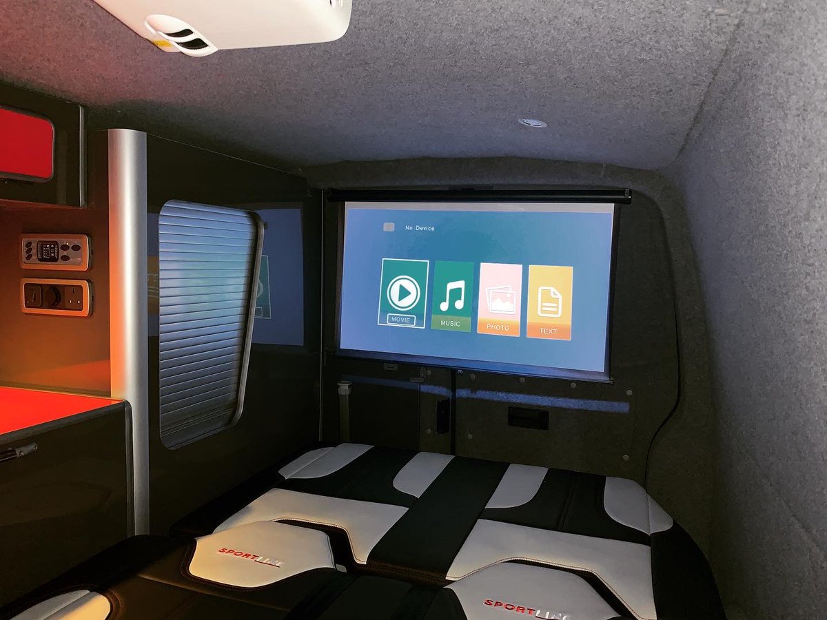 Bus_Stop_VW's tweet photo. Two berth South Beach, with the usual specifications plus a HD projector and Porta Potti, and you’ve gotta love the old school Sportline upholstery 👌

Happy trails Dave &amp; Irene 👍

#busstopvw #vanconversions #vw #volkswagen #Transporter #camper #campervan #bespoke  #surfvan https://t.co/IVPZl6Sl0P