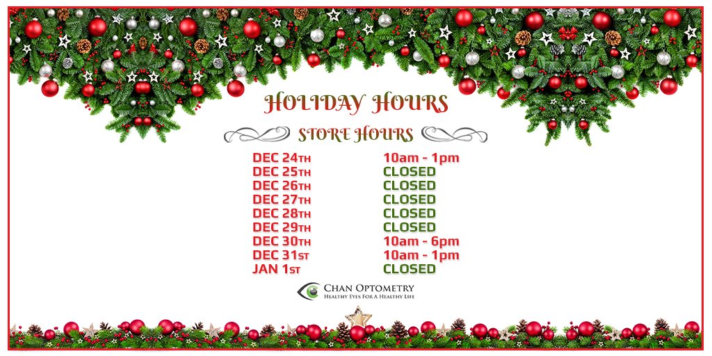 ChanOptometry's tweet image. Kindly note our Holiday Hours.
We offer eye exams and optometry services. Visit us at chanoptometry.com  for more information.
#ChanOptometry #optometrist #scarborough