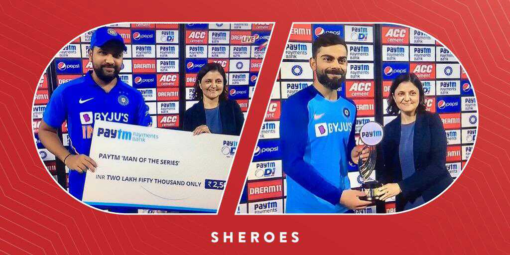 Our very own <a href="/Sairee/">Sairee Chahal</a>, founder &amp; CEO <a href="/sheroes/">SHEROES</a> handing over the winners cheque &amp; trophy by <a href="/PaytmBank/">Paytm Payments Bank</a> to <a href="/ImRo45/">Rohit Sharma</a> &amp; <a href="/imVkohli/">Virat Kohli</a>