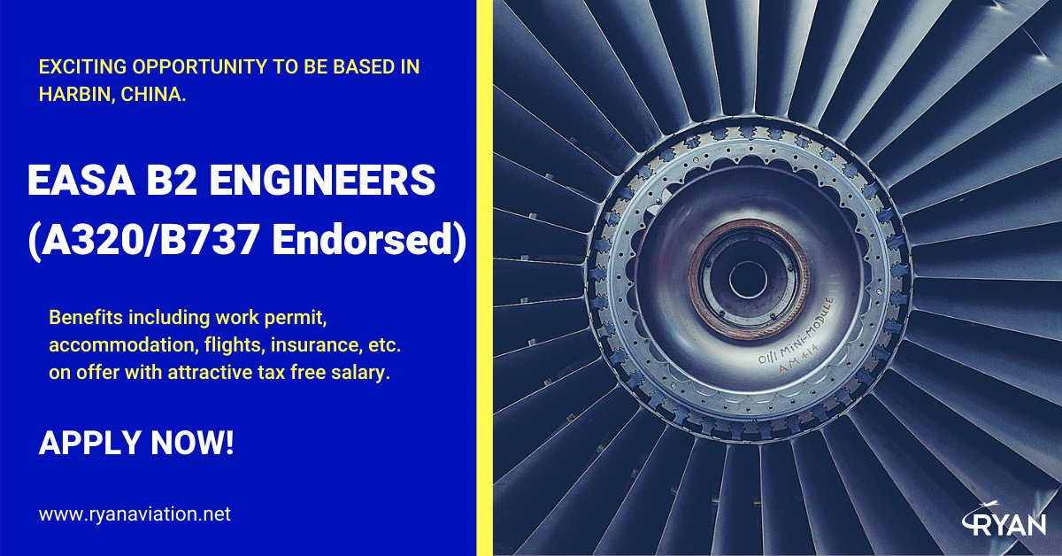 ryanaviation2's tweet photo. We are urgently looking for B2 EASA Engineers endorsed on A320/B737 to start in January/February 2020 in Harbin, China. #JoinUs
EASA LICENSED ENGINEERS TYPE RATED ON A320/B737 can send a copy of your updated CV with EASA License to edwina@ryanaviation.net 
https://t.co/URtUZNwU8E https://t.co/m4Umrowzja