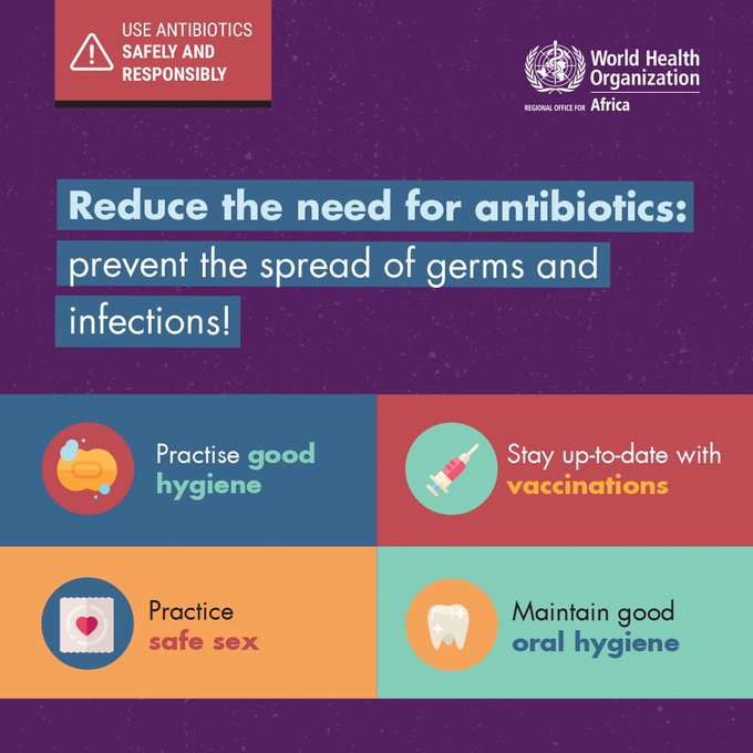 WHOAFRO's tweet photo. Every time #antibiotics are used or taken incorrectly, the more chance bacteria have to change &amp; become resistant to them! 

Basic practices can prevent the spread of germs &amp; protect those around you. https://t.co/4EdklR4NzE