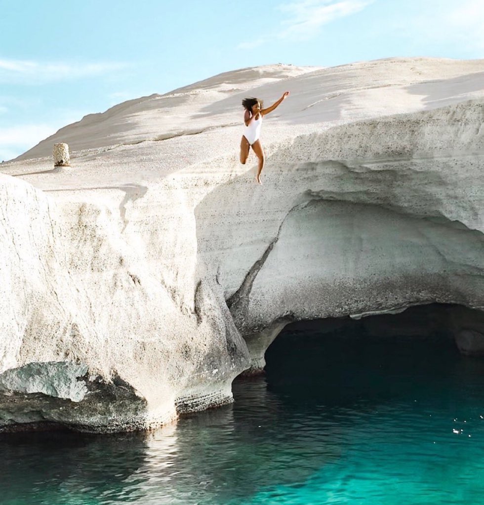 hey_ciara's tweet photo. Quote this tweet with your favorite travel photos from 2019. Let’s relive these moments! 

1. Cliff jumping in Paros, Greece  
2. Glacier climbing in Patagonia, Chile https://t.co/kcEkVq2at8