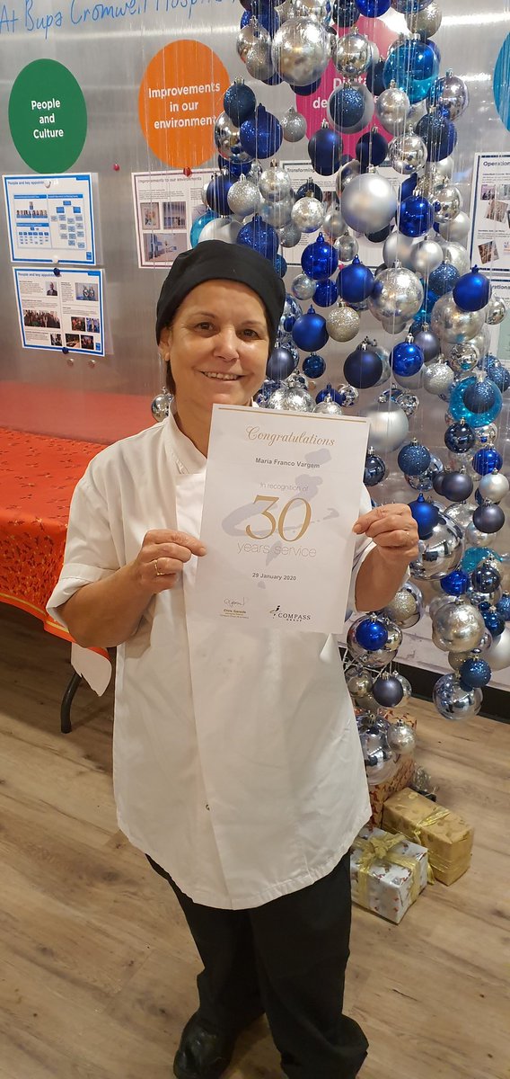 Darrenpassmore's tweet photo. Big Congratulations to Maria Vargem on 30 years service @BupaCromHosp She is the backbone and the mother of the kitchen, a valued and loved member of the Bupa Cromwell Catering team who makes a difference to our patients every day @compassgroupuk @QBTuna #kitchenmama https://t.co/5vEmy5v2bK