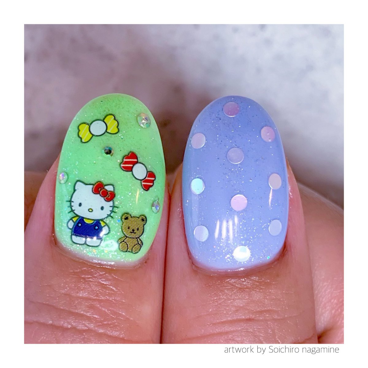 Soichiro Nagamine 痛ネイル 6部ありがとう お客様ネイル レトロポップな キティちゃんネイル パステルカラーは全て新入荷したグロウジェル 三枚目のように光ります キティちゃんシールは在庫限りなので早い者勝ちです グロウジェル