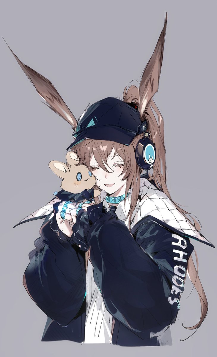 amiya (arknights) 1girl animal ears rabbit ears brown hair closed eyes hat simple background  illustration images