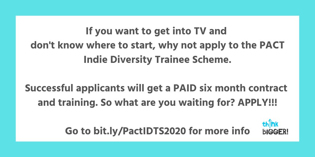 thinkbigger_org's tweet photo. thinkBIGGER work with @PactUK & some of the best UK Production Cos, to bring new talent into the TV industry.
Want in? Apply now ➡️ https://t.co/0TNxWAlRad
#DiverisityInTV #Disability #BAME #LGBTQ #SocialMobility
#TVJobs #tvResearcher #tvProductionCoordinator #TV #London https://t.co/eCWK1dGqrd