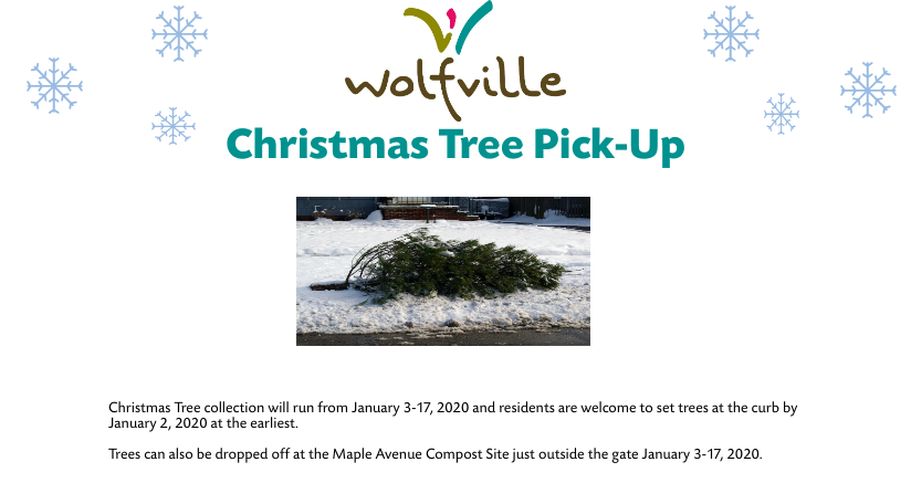 TownOfWolfville's tweet photo. A reminder Christmas Tree collection will run from January 3-17, 2020. https://t.co/hqK5W9aznG