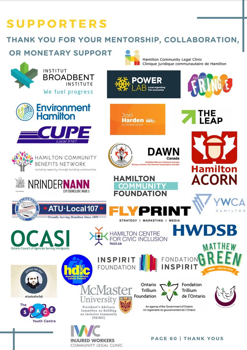 Listed, HCLC, broadbent institute, powerlab, Hamilton fringe, environment Hamilton, Joel Harden, the leap, cupe 5167, HCBN, Dawn Canada, ACORN Hamilton, ATU 107, Flyprint Media, Nrinder, YWCA, OCASI, HCCI, HWDSB, Justice 4 Soli, HDLC, Inspirit Foundation Matthew Green The SPACE,  Ontario Trillium, MMPJ, Injured Workers Legal Clinic