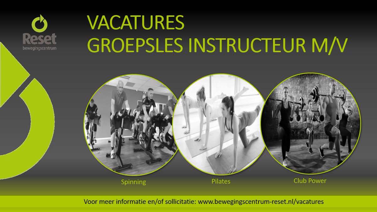 BC_Reset's tweet photo. #VACATURES
Voor uitbreiding van ons team zijn wij op zoek naar groepsles instructeurs (m/v) voor o.a. de #Spinning, #Pilates en Club #Power lessen.
Interesse? Kijk dan op onze website voor meer informatie en solliciteer!
https://t.co/1JPwwljKnC
#solliciteren #sportief #burgum https://t.co/kEDTs2Ui63