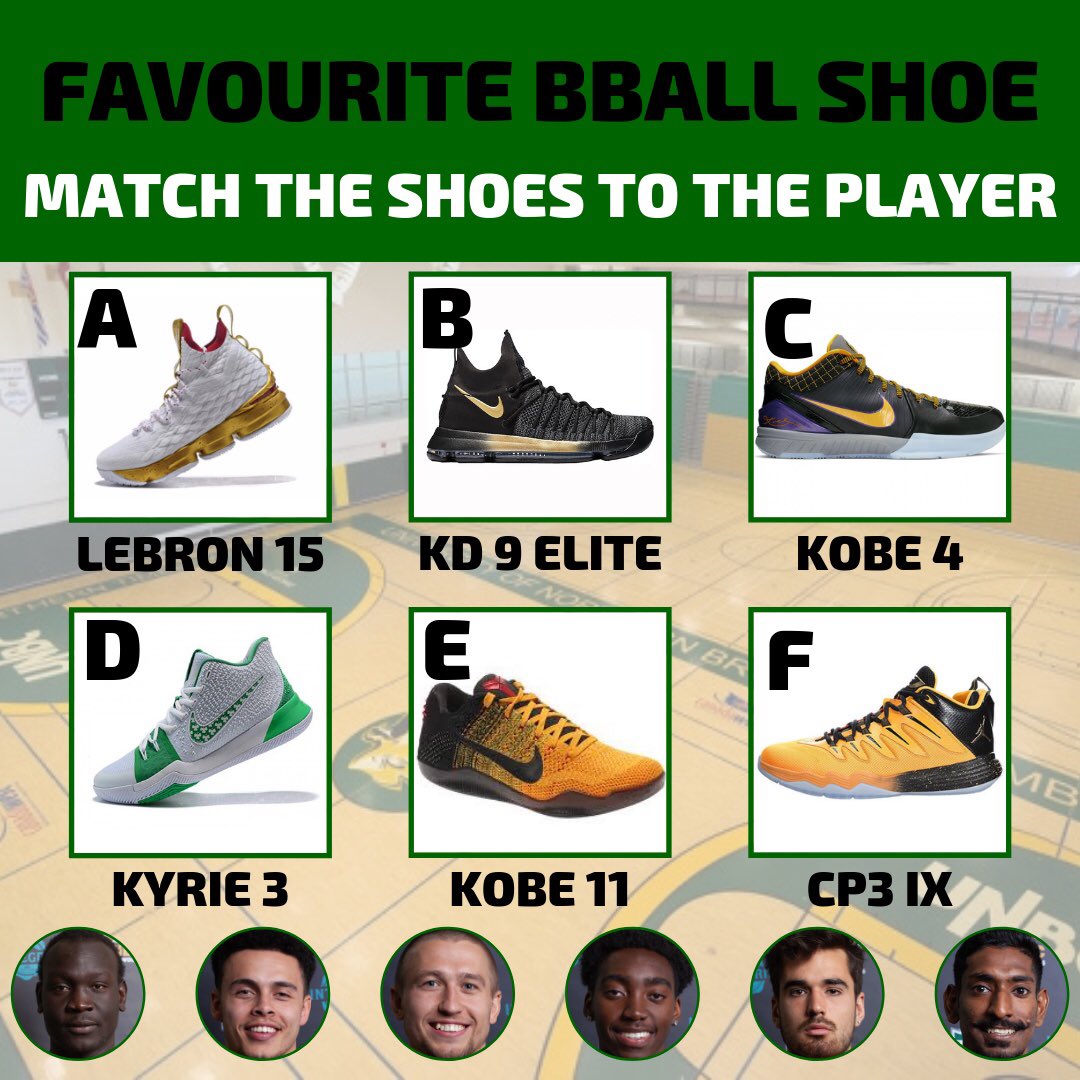 UNBCMBB's tweet photo. Basketball players love their shoes. Can you match these current @UNBCATHLETICS Men’s Basketball players with their favourite basketball shoe?
#unbc #unbctimberwolves #unbcbasketball #favouriteshoes #lebron15 #kd9elite #kobe4 #kyrie3 #kobe11 #cp3ix #gotwolves #runasone https://t.co/7UVSoUh2Qw