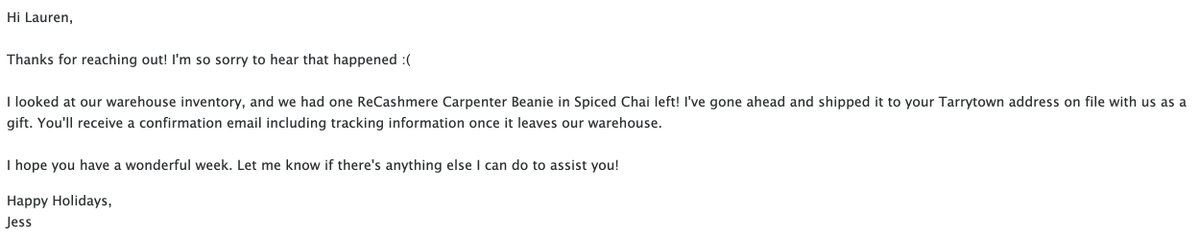 Loley9's tweet photo. Y'all. I am shook. Lost my @Everlane beanie on the train last week and went to buy another, but it was sold out. I reached out to them to see if it would be restocked and got the below email. #CustomerforLife #ChristmasMiracle https://t.co/HUfKhyvV79