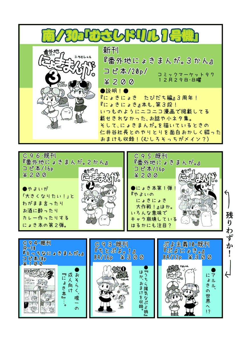 ちとしゃん にょきまんが 執筆中 On Twitter ｃ９７ 冬コミの宣伝 というわけで お品書き いつものごとく即席 日時 １２月２９日 日 配置 南ホール ノ サークル30a 名前 むさしドリル１号機 ぷよ魔導サークルの隅っこ 唯一のにょきサークル