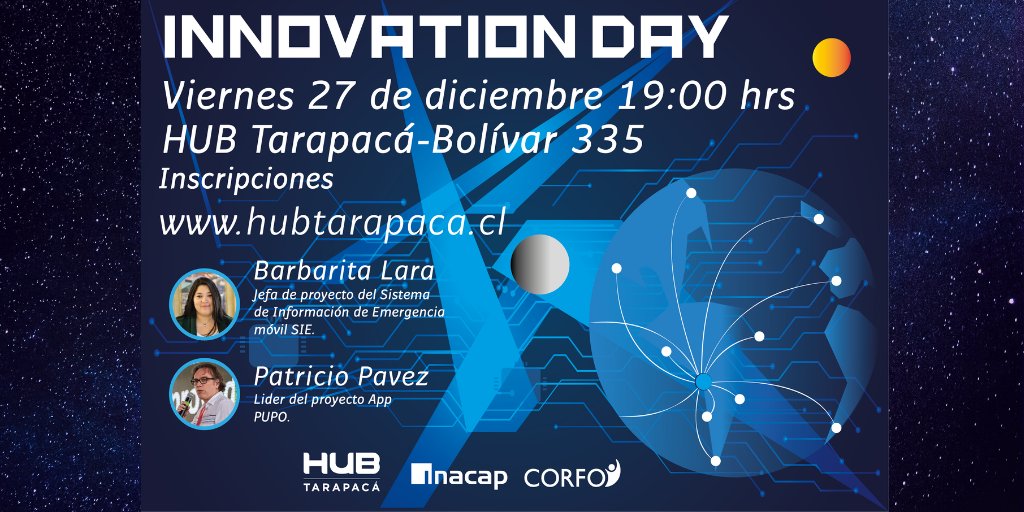 HubTarapaca's tweet photo. No te lo puedes perder !!
Barbarita Lara creadora del sistema SIE y Patricio Pavez líder del proyecto PUPO APP. 
Innovation Day 27 de diciembre  las 19:00hrs
Inscripciones en 👇
https://t.co/9MDS1lkOk9

@HubTarapaca @inacap_iqq @CorfoTarapaca https://t.co/GJT5vShGLl