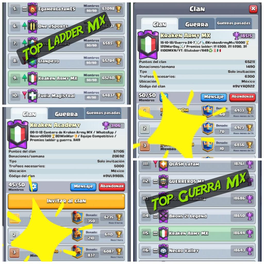 La Familia Kraken <a href="/KrakenArmyMx/">Kraken Army MX🇲🇽🦑</a>  y #KrakenAcademy está reclutando jugadores: 

Requisitos:
Más de 5600🏆
Más de 100win war

Ofrecemos incentivos en ladder y guerra, equipo competitivo, buen ambiente y apoyo 💪💕

<a href="/TunckoKraken/">Tuncko Kraken</a> @SircaCR <a href="/icknis/">Icknis</a> <a href="/Maestro09198184/">MAESTRO POKÉMON</a> @Quetzalcoatl_CR