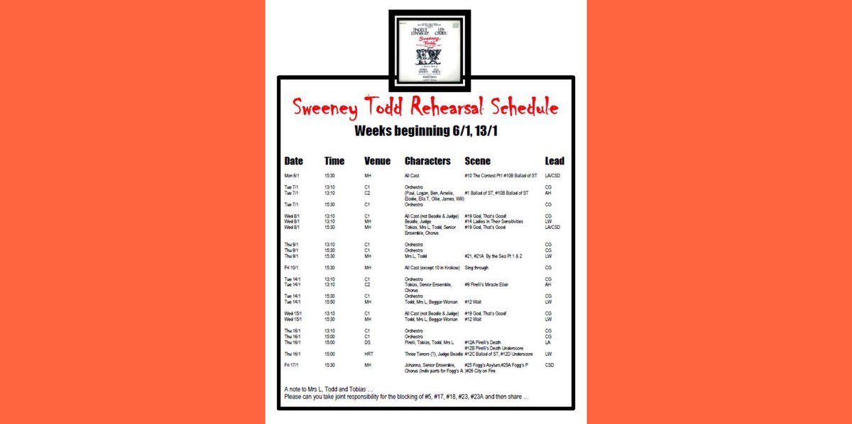 gcs_community's tweet photo. To all GCS Sweeney Todd Cast and Orchestra ... please study this new schedule carefully for w/b 6/1/20 &amp; 13/1/20 and note all your calls. Attendance and communication are both now crucial. Thank you. @GCS_SixthForm @GCSDrama @GuildfordCounty https://t.co/37KlsZi4kD