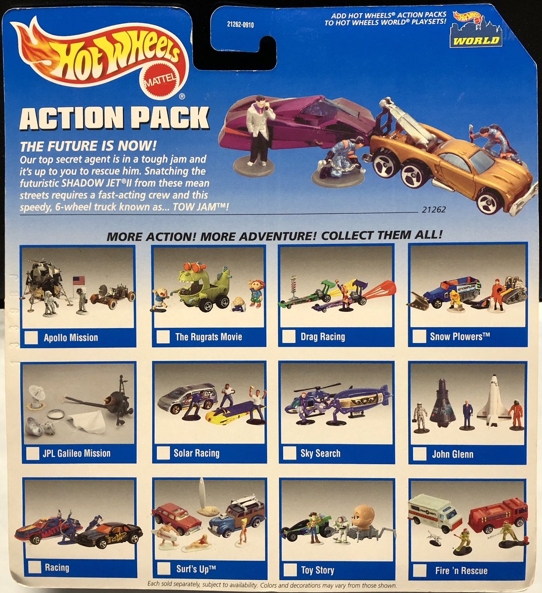 nostalgictomica's tweet photo. 1999年にリリースされた #ホットウィール の #actionpack 😄

#towjam と #shadowjetⅡ と言う1998年と1994年にそれぞれリリースされた謎車のセットです。ただカードにある通り2010年のレッカーを想定しているよう��す。
フィギュアの格好がいかにも近未来って感じです😆
2019年から見ても滑稽ですが😅 https://t.co/2V8U91r0qD
