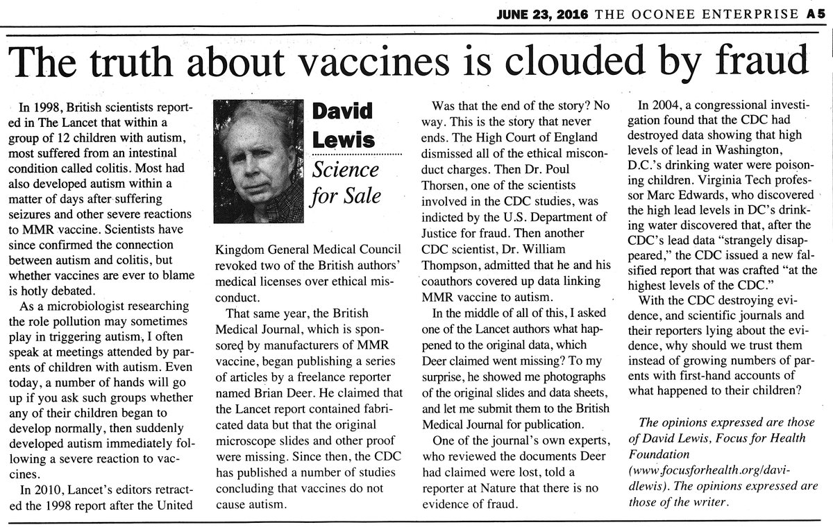 'With The CDC Destroying Evidence, And Scientific Journals And Their Reporters Lying About The Evidence, Why Should We Trust Them Instead Of Growing Numbers Of Parents With First-Hand Accounts Of What Happened To Their Children?'(Dr. Lewis’ Article, The Oconee Enterprise.)