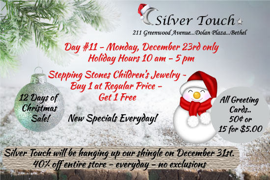 silvertouch211's tweet photo. 🎄12 Days of Christmas Sale at Silver Touch!
Day #11 – Monday, December 23rd only. 
Holiday Hours: 10 am - 5 pm. Stepping Stones Children's Jewelry 💎 Buy 1 at Regular Price and Get 1 Free. 🎄#thisisbethel #shoplocal #12daysofchristmas #SilverTouch @silvertouch211 @Silvertouch1 https://t.co/KA8FkYKrFu