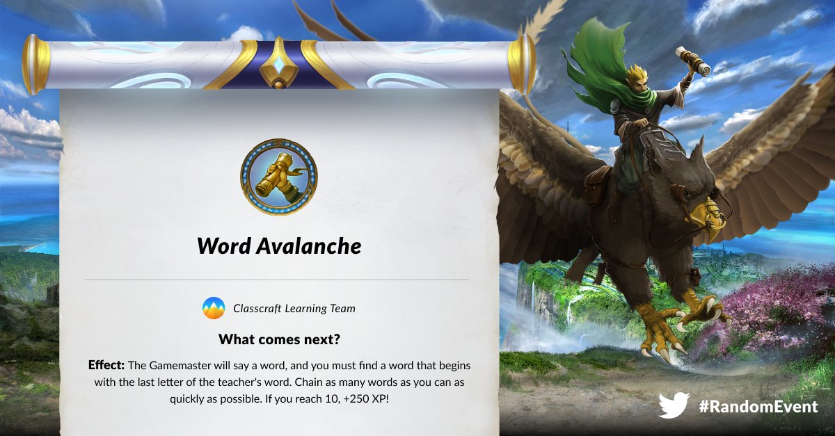 classcraftgame's tweet image. Will your #class outrun the "Word Avalanche"? 🏃‍♀️💨🏃‍♂️💨 This fast-paced #RandomEvent is a great icebreaker &amp;amp; #vocab game all in one! 

Find &amp;amp; share ideas in our community forums: buff.ly/2AujVxw #gbl