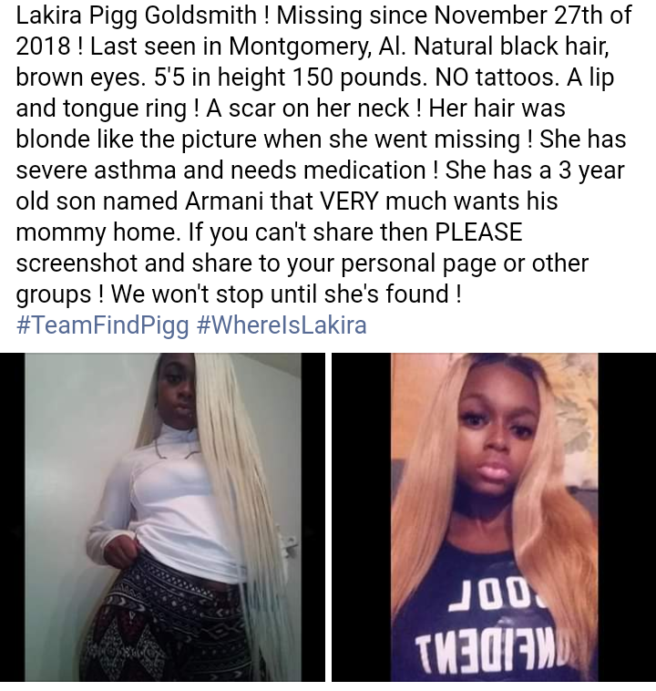 cheok33's tweet photo. @BlackNewsPortal #WhereIsLakira #LakiraGoldsmith #TeamFindPigg #MissingMother #MontgomeryAlabama #MissingAlabamaMother https://t.co/Mmu5eaoQLa