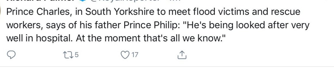 sussexdaily's tweet photo. If #TheQueen, the wife, & #1stinline to the throne, his firstborn, haven't made it to be by #PrincePhilip's bedside, then why is the #6thinline & wife being skewered for not hopping on a plane back to #England?! #DukeandDuchessofSussex #PrinceHarry #meghan #PrinceCharles https://t.co/hGReX0wp1l