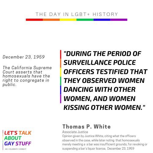 talkgaystuff's tweet photo. This day in #LGBT+ #history, the California Supreme Court asserts that homosexuals have the right to congregate in public in 1959.
#podcast #letstalkaboutgaystuff #instagay #california #VallergavDABC #firstandlastchancebar #homosexual #equality #SCOCA #dec23 https://t.co/zFD3MWZ9af
