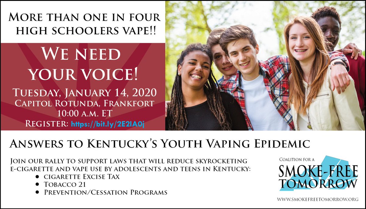 healthyky's tweet photo. A strong voice in Frankfort is ESSENTIAL to protect our kids from a lifelong addiction to tobacco. Please Join us in the Capitol Rotunda on TUESDAY January 14 at 10 a.m. https://t.co/WHNbTeTc2n #tobaccofreeteens https://t.co/hy2lKgK5Hl