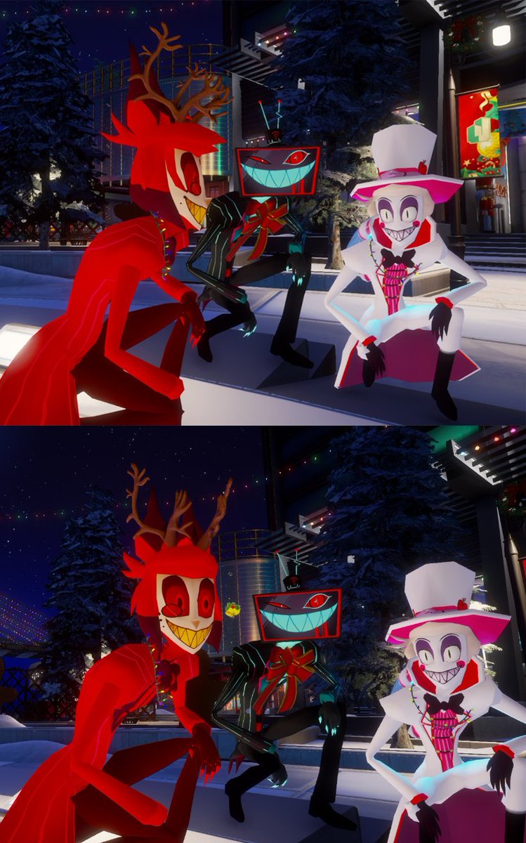 Been working with <a href="/IronicalGhosty/">✨ Ironical Ghosty ✨(Gone to Bluesky)</a> and @MissPyroette on Models for Alastor and Lucifer :')
Ghosty provided a base body, I modelled the heads/textured Alastor and Lucifer (Vox done by Ghosty), and Pyro helped rig them!
We are having fun! :D

#HazbinHotel #vivziepop #3dmodel